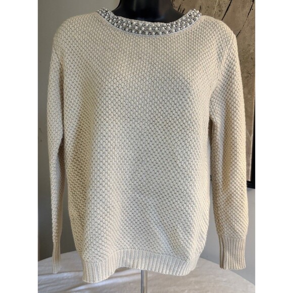 MIA Sweaters - Mia Maddison Sweater - Beige Jeweled Neckline Open Back. Small/Petite